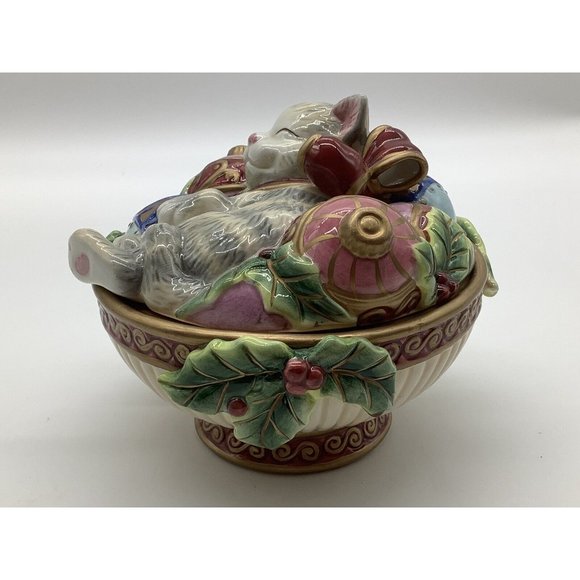 Fitz and Floyd Cat with Ornaments Candy Dish - Picture 4 of 11